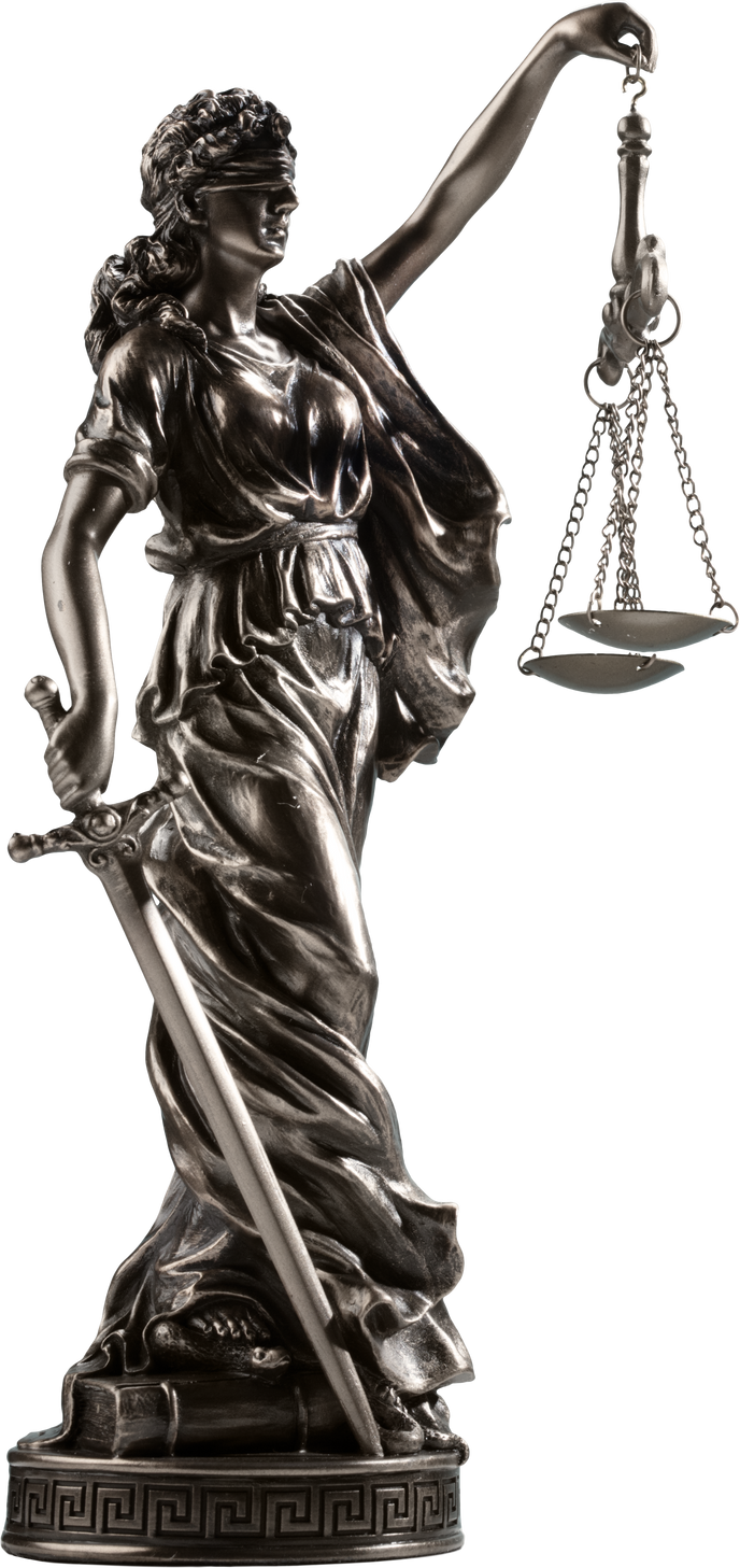 Themis statue holding a scale isolated on transparent white